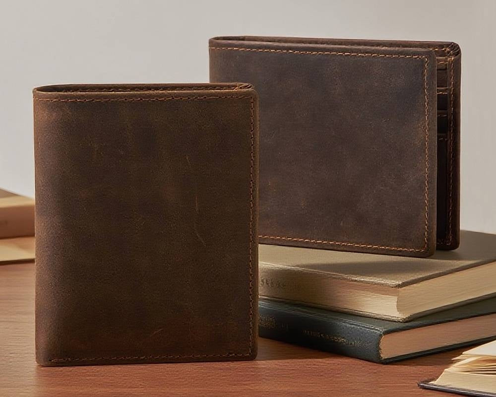 Dark brown men's wallet, tall profile side view