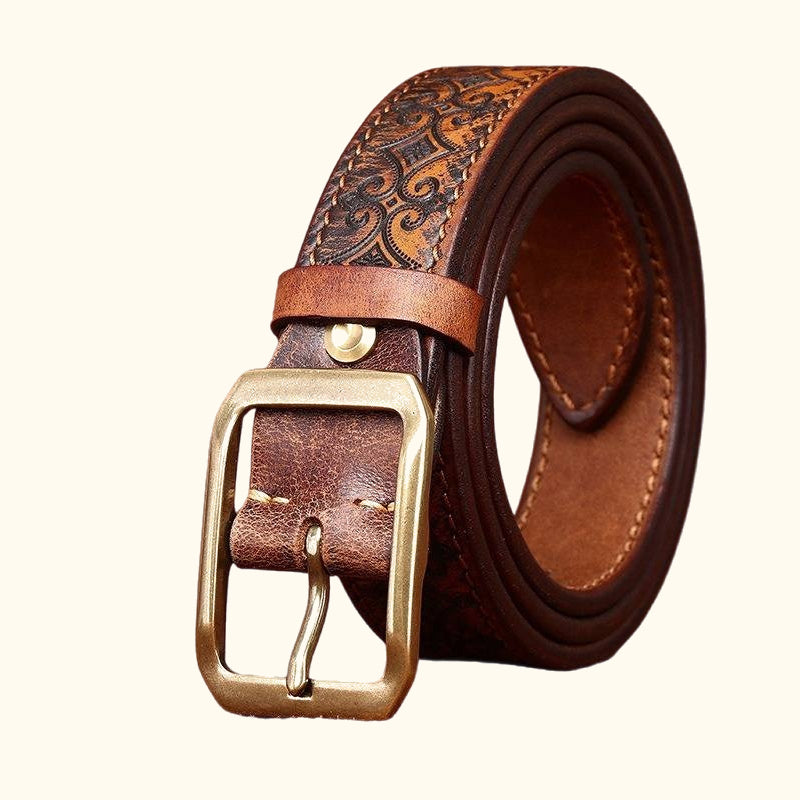 Brown men's embossed leather belt 