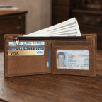 Dark brown men's bifold wallet with zipper coin pocket