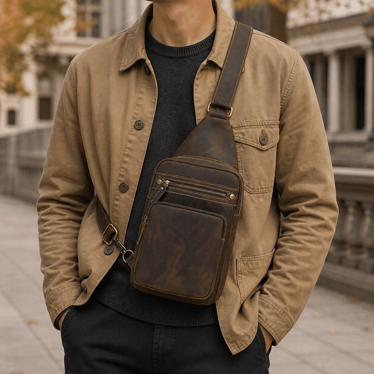 Basecamp convertible chest pack, Dark Brown leather