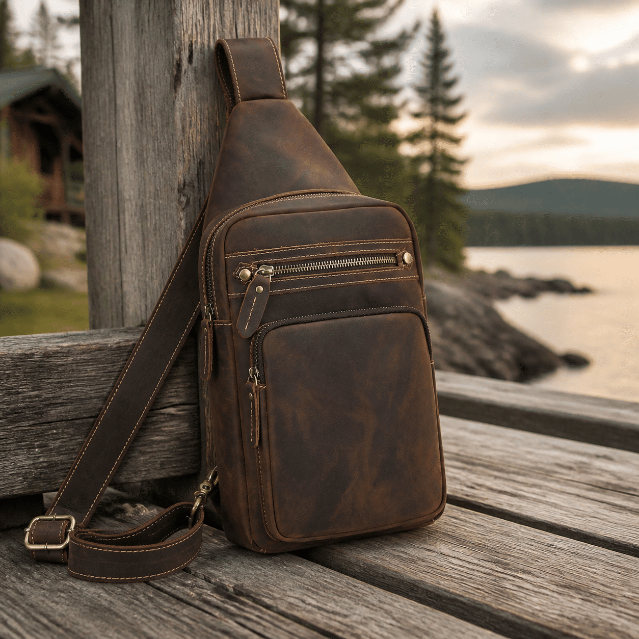 Basecamp convertible chest pack, Dark Brown leather