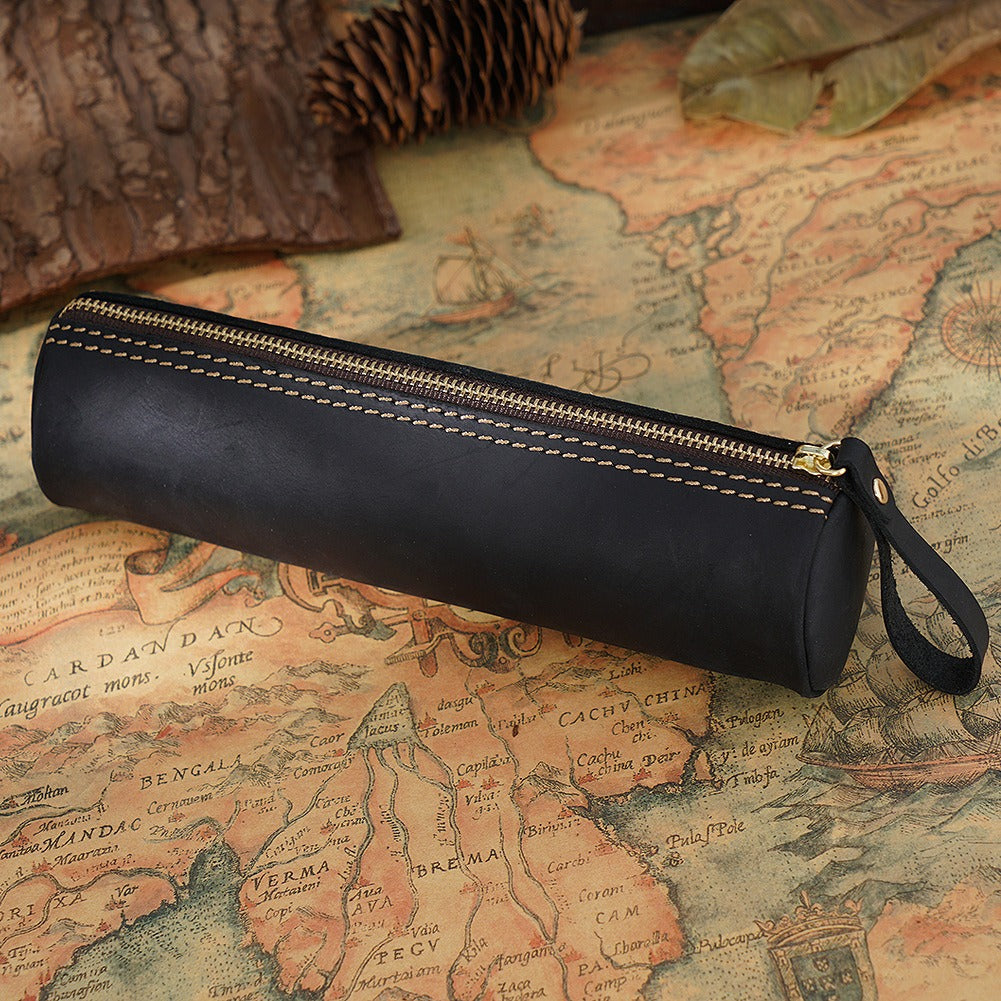 Black leather cylinder pen case for multiple pens
