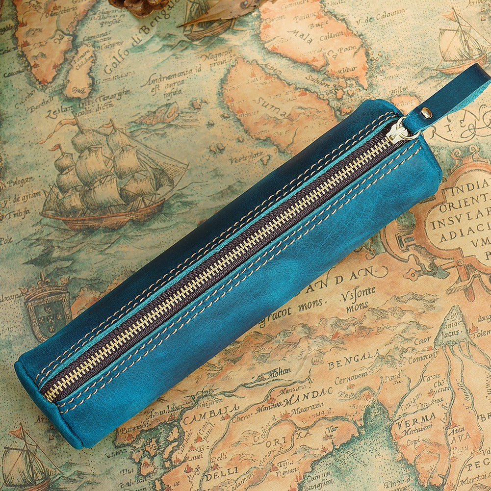 Blue leather cylinder pen case, round design