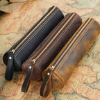 Brown leather cylinder pen case, round zip design