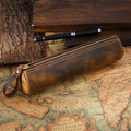 Distressed leather pen case, round cylindrical shape