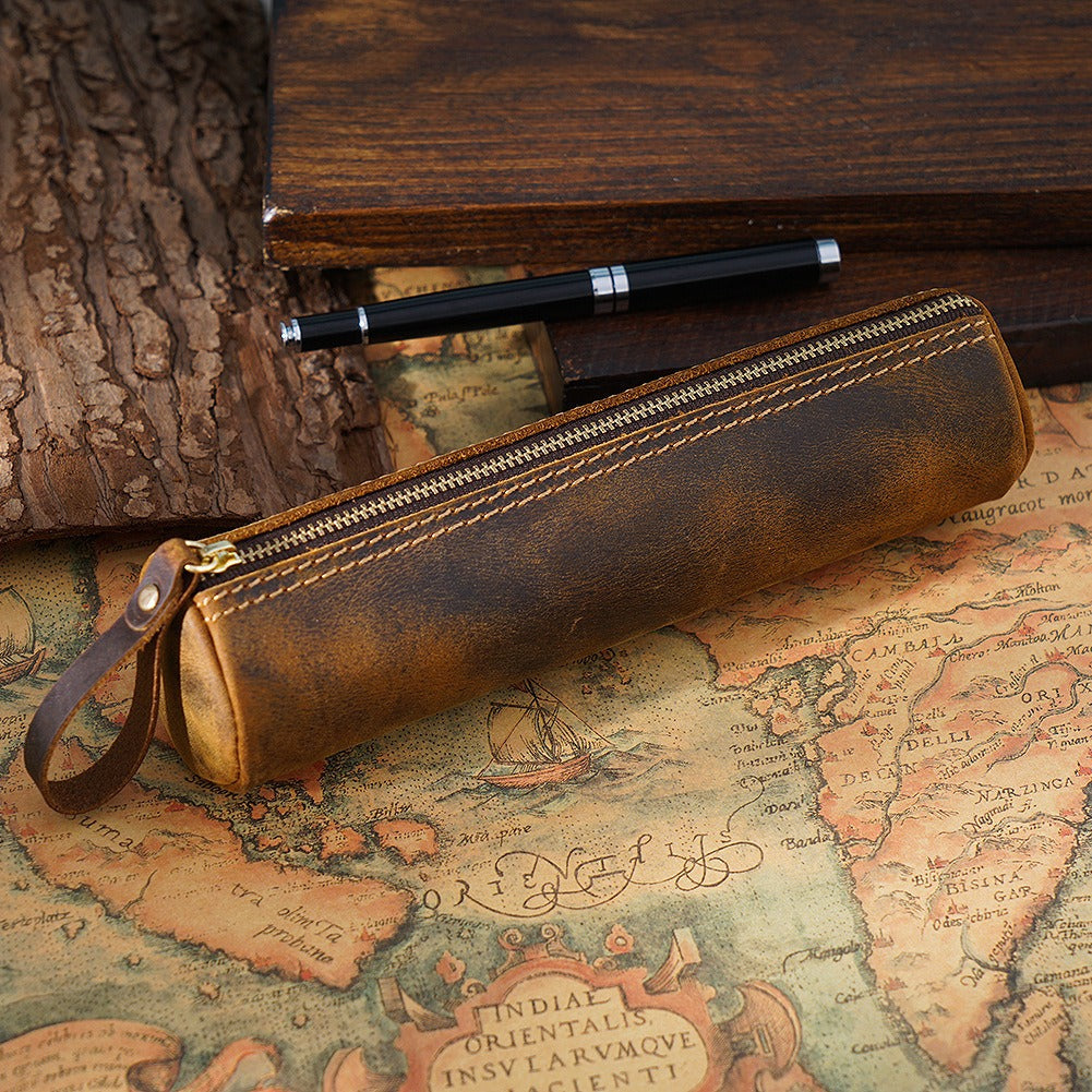 Distressed leather pen case, round cylindrical shape