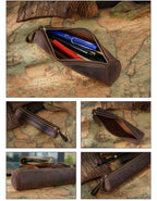 Hand-stitched leather pen roll, round design