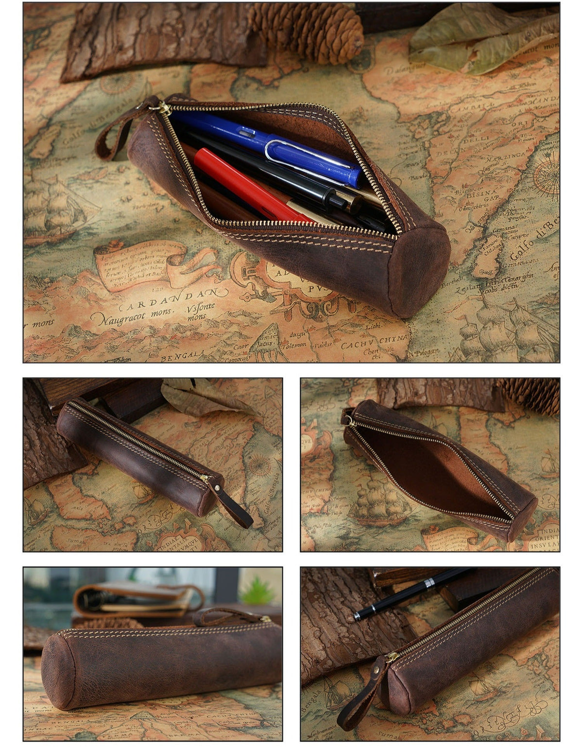 Hand-stitched leather pen roll, round design