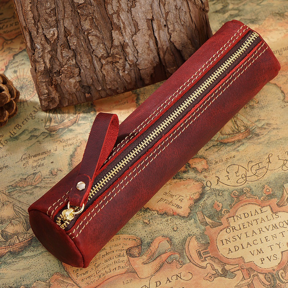 Red leather cylinder pen case, round zip design
