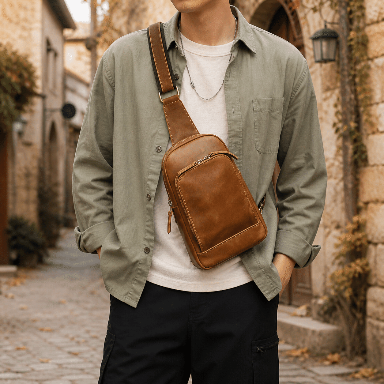 Attache day sling bag, Brown leather