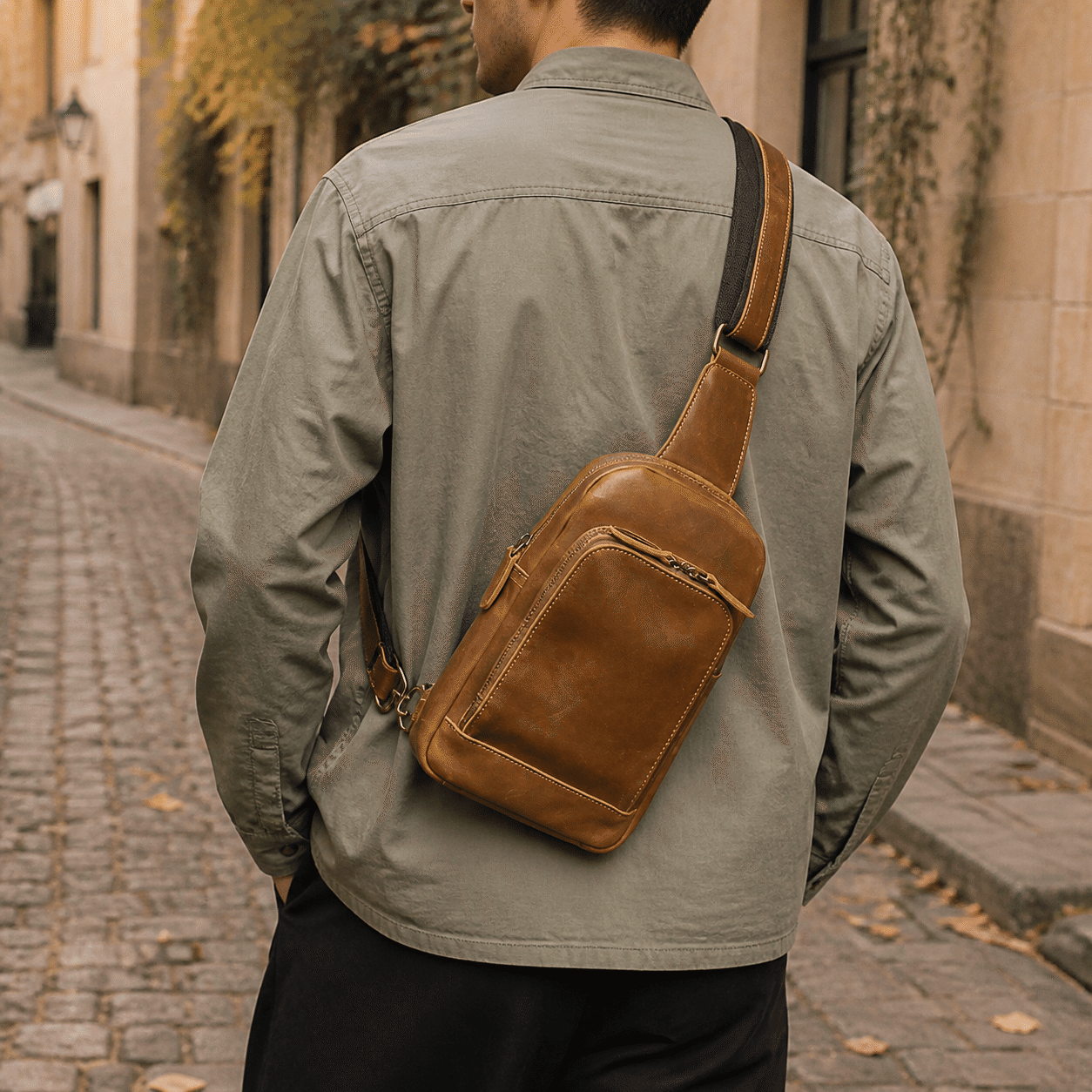 Attache day sling bag, Brown leather