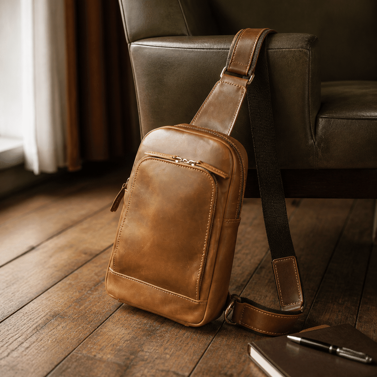 Attache day sling bag, Brown leather