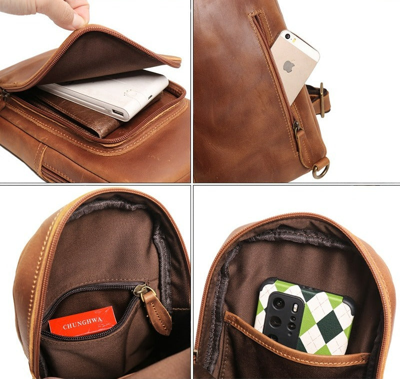 Attache day sling bag, Brown leather