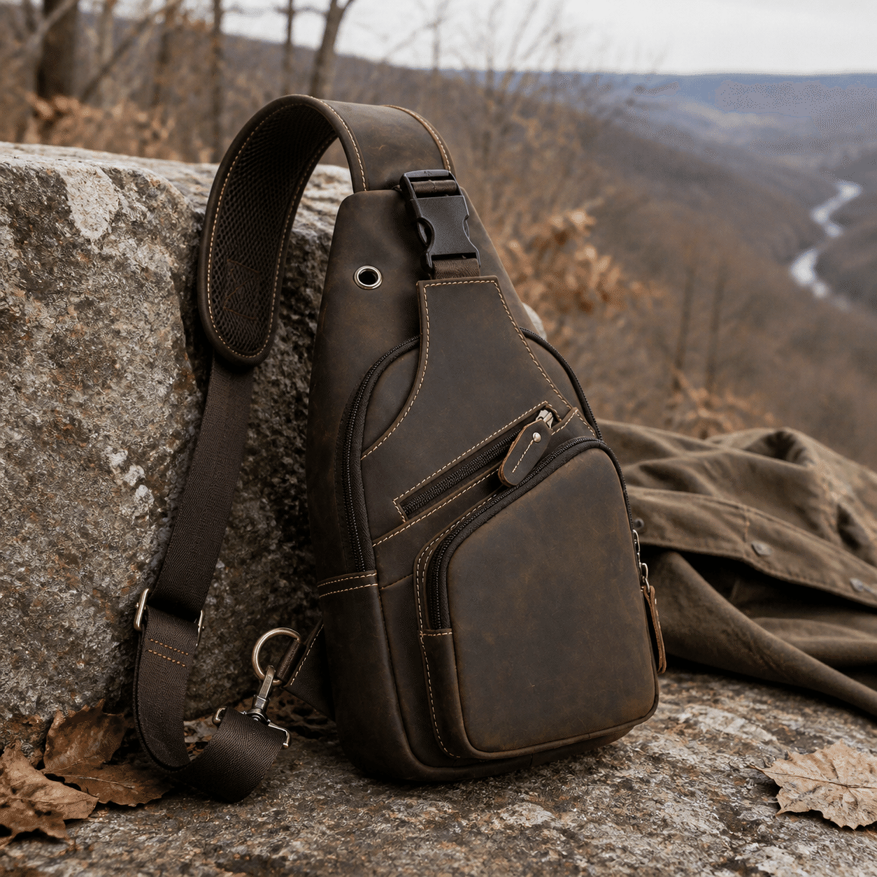 Trailblazer hiking sling bag, Dark Brown leather