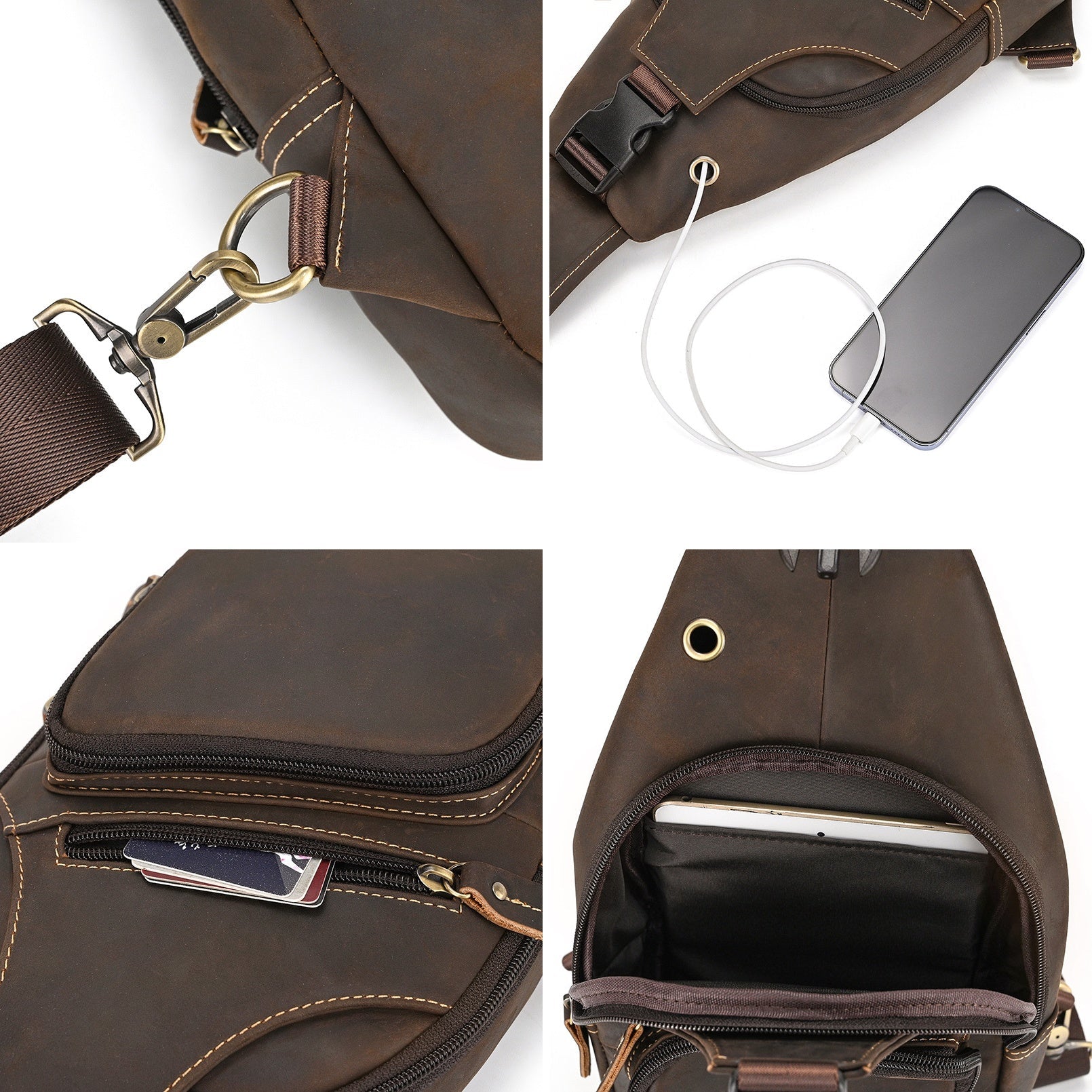 Trailblazer hiking sling bag, Dark Brown leather