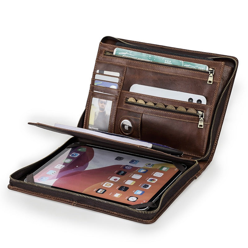 Leather iPad case with front and back zip pockets