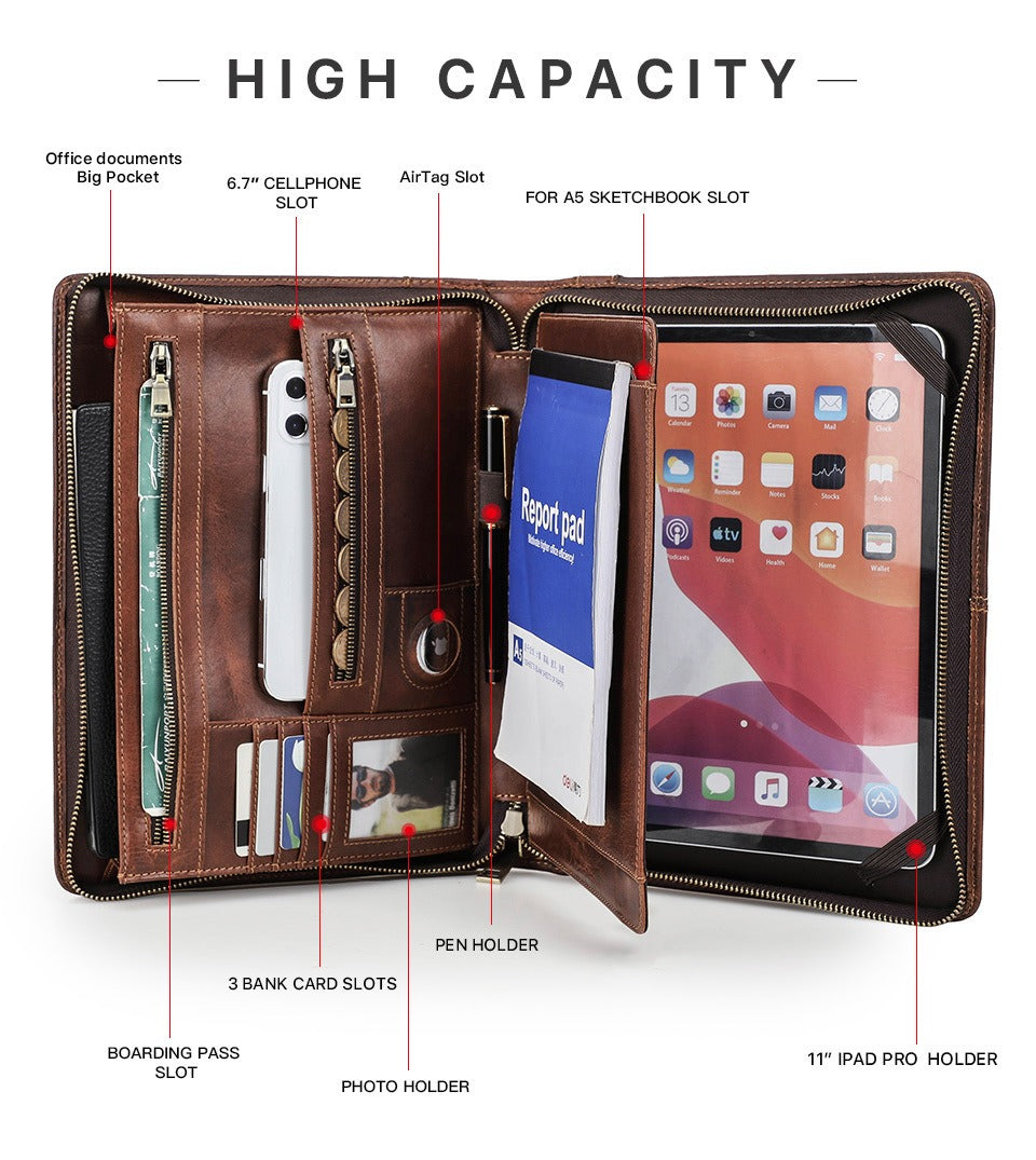 Full-grain leather iPad case with card slot organizer