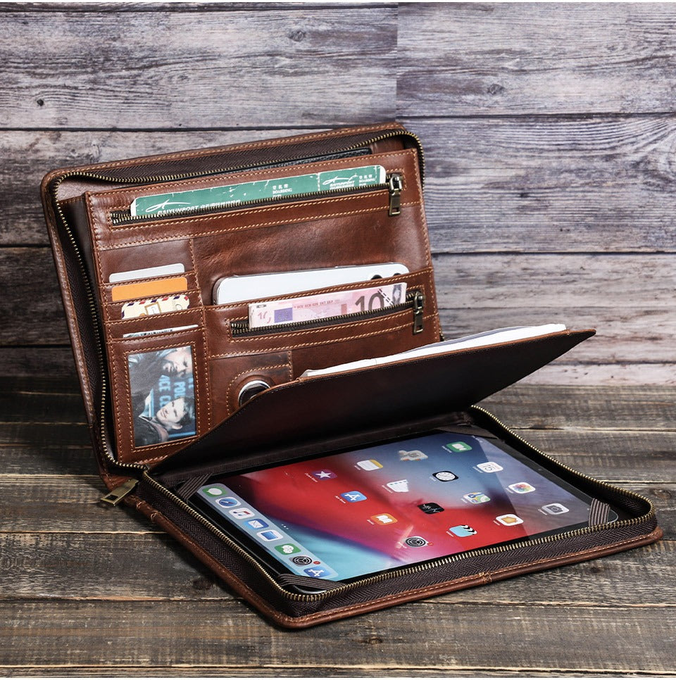 Dark brown leather iPad case with carrying handle
