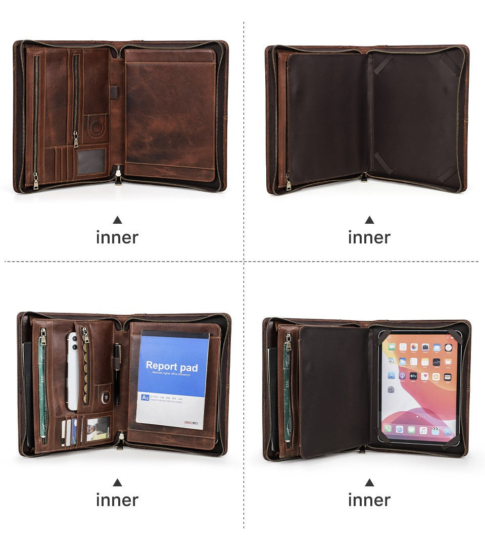 Full-grain leather iPad case, hand-stitched handle