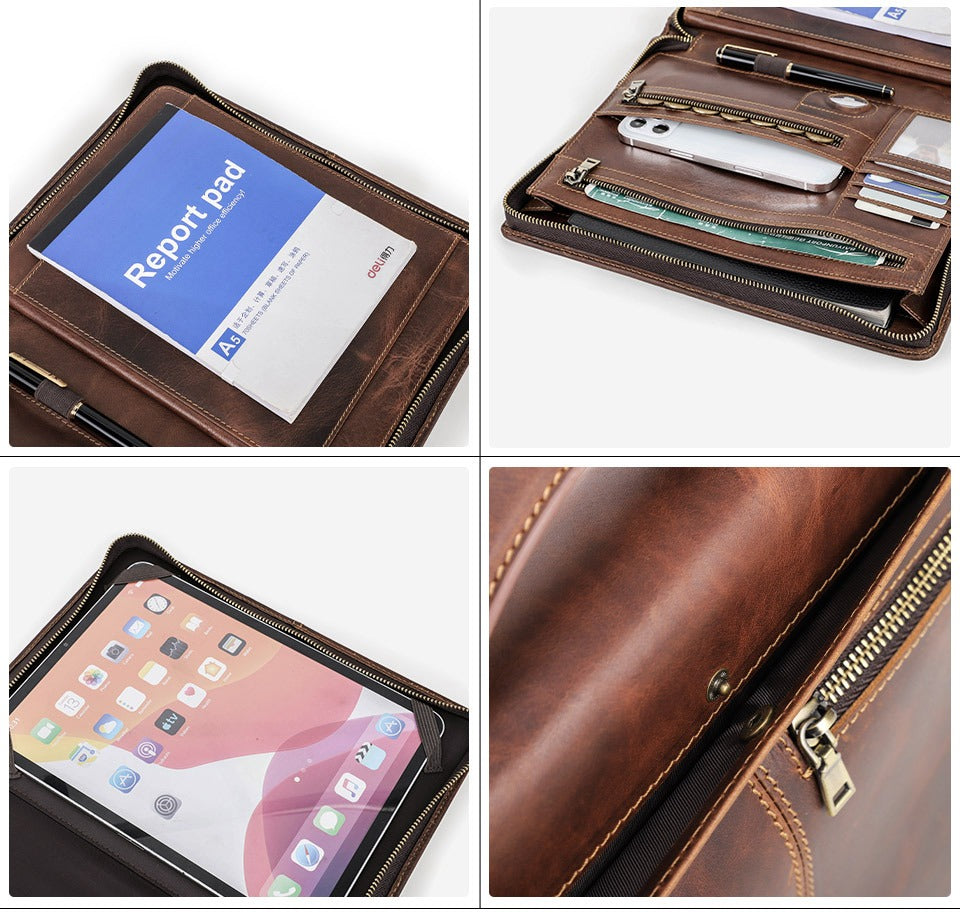 Dark brown leather iPad case with dual zip pockets