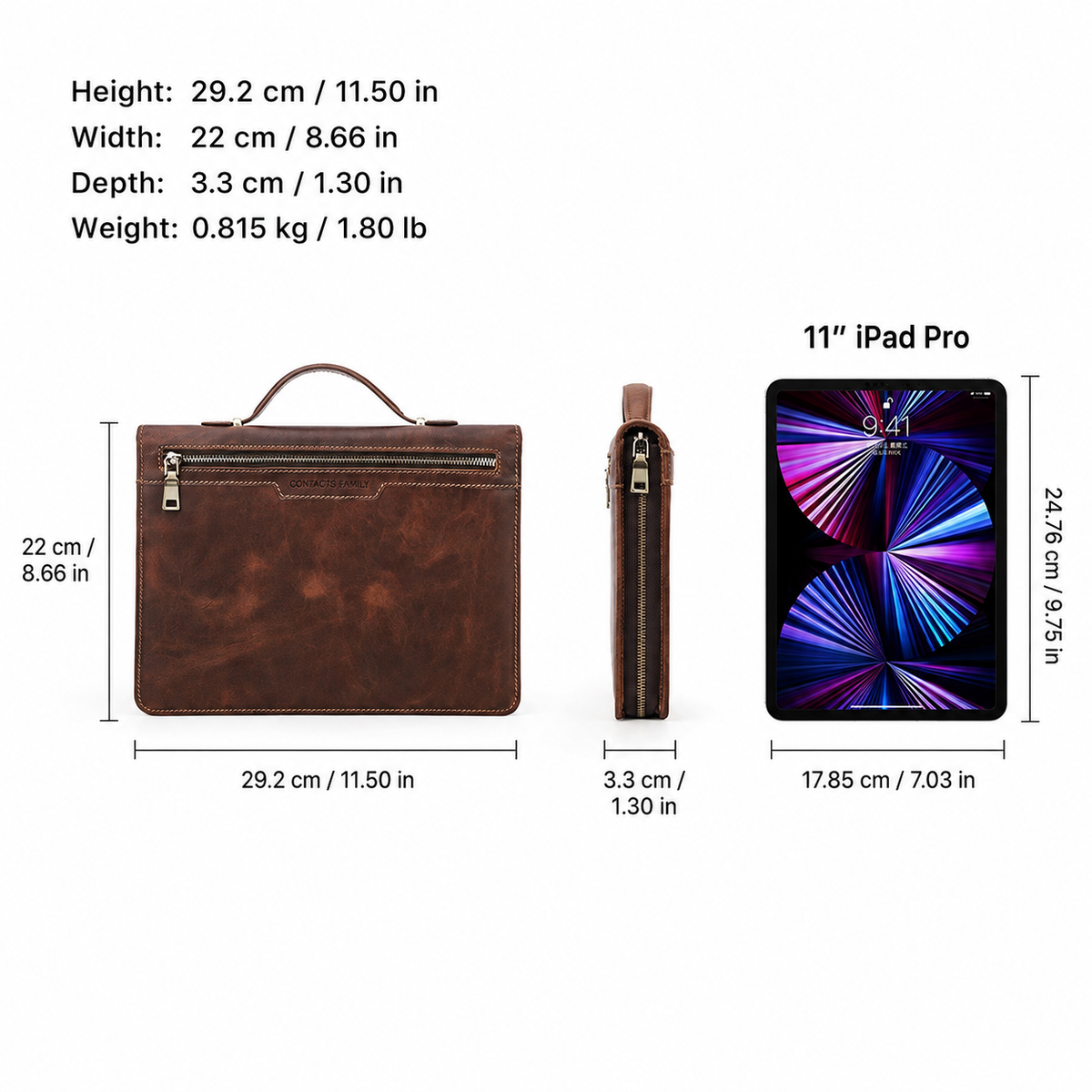 Dark brown leather portfolio case with carry handle