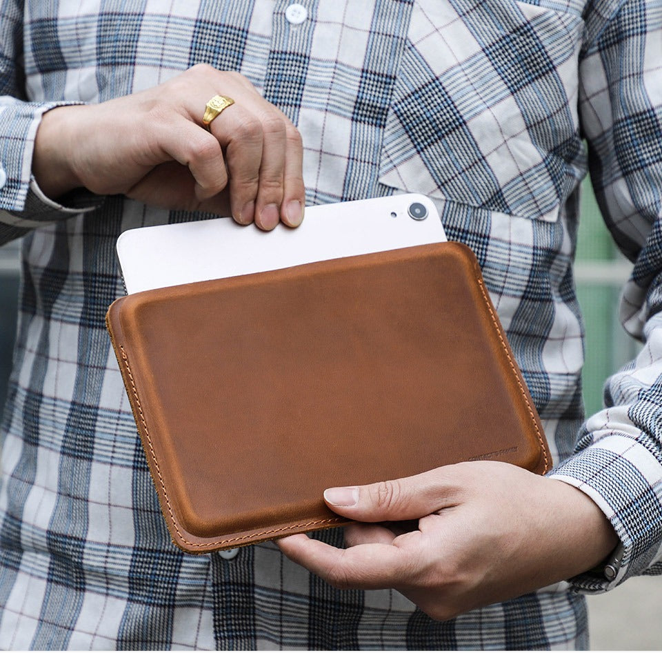 Full-grain brown leather sleeve for iPad mini, landscape