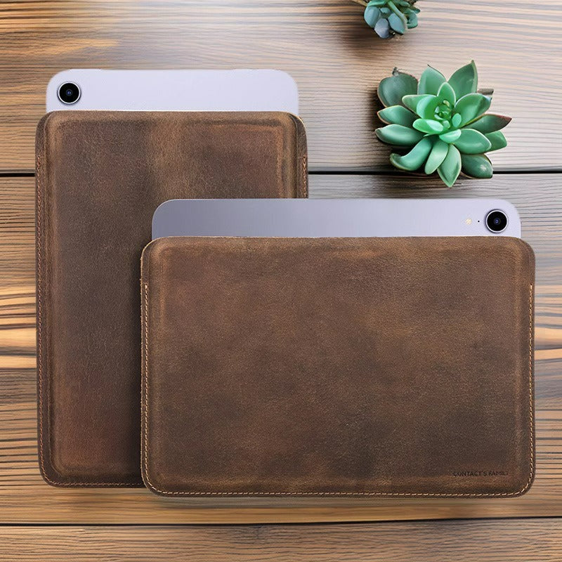 Dark brown leather iPad mini sleeve, landscape orientation