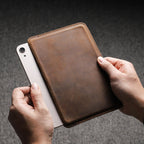 Minimalist leather tablet sleeve with open-top slide-in design