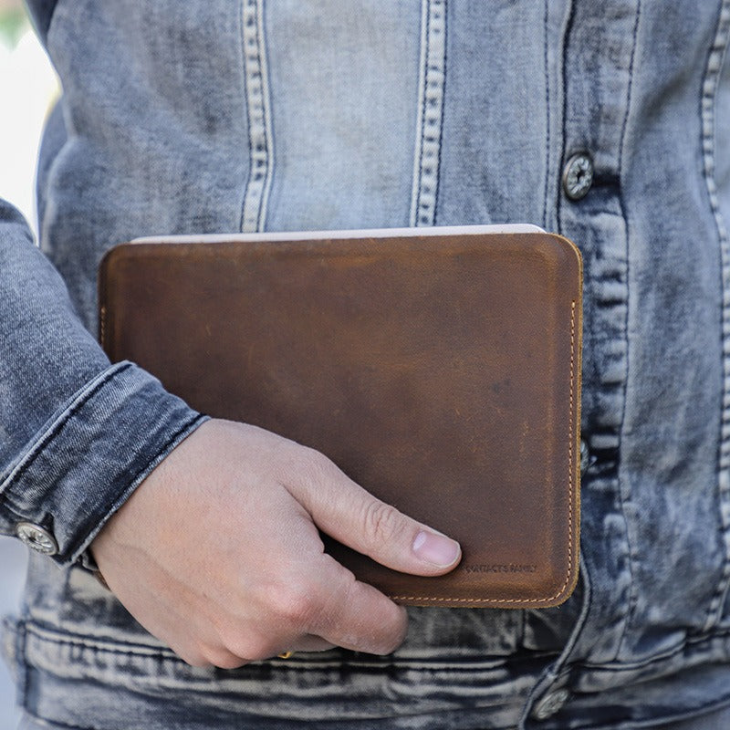 Dark brown leather sleeve for iPad mini, snug friction fit