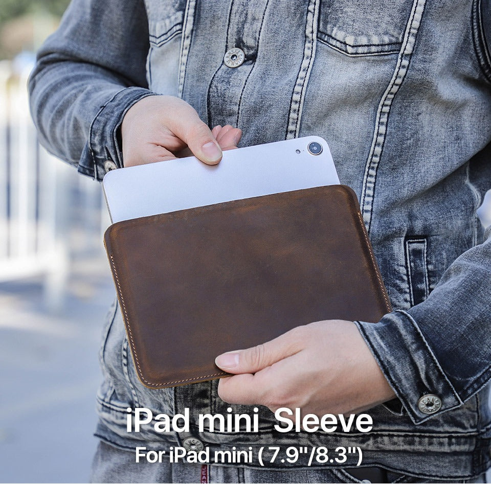 Single-piece leather iPad mini sleeve, landscape, dark brown
