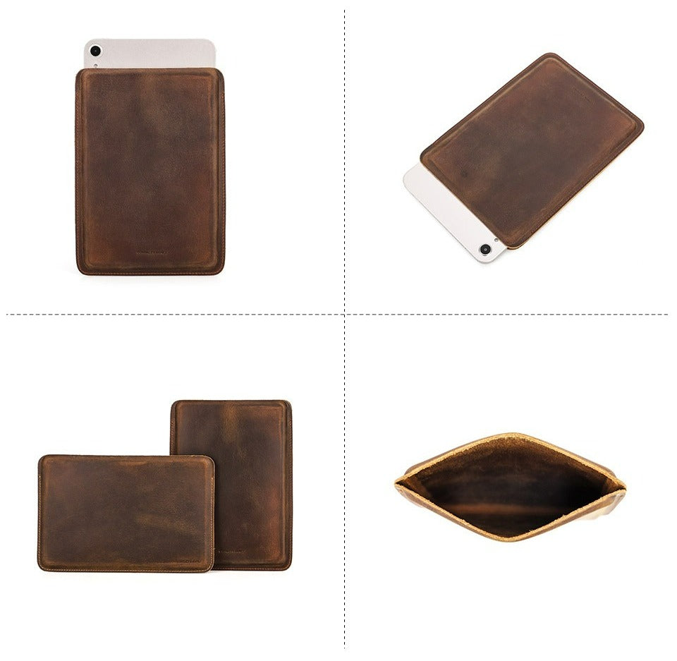 Hand-stitched dark brown leather tablet sleeve, landscape