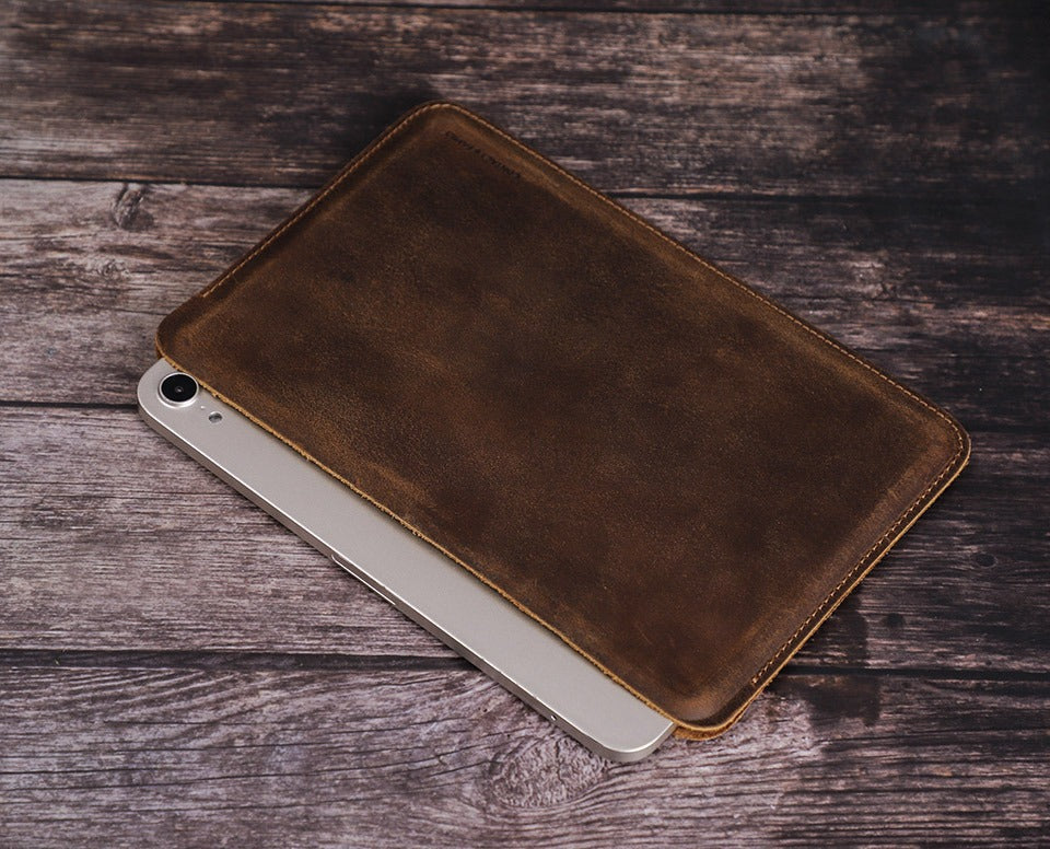 Full-grain leather sleeve for iPad mini, landscape, dark brown