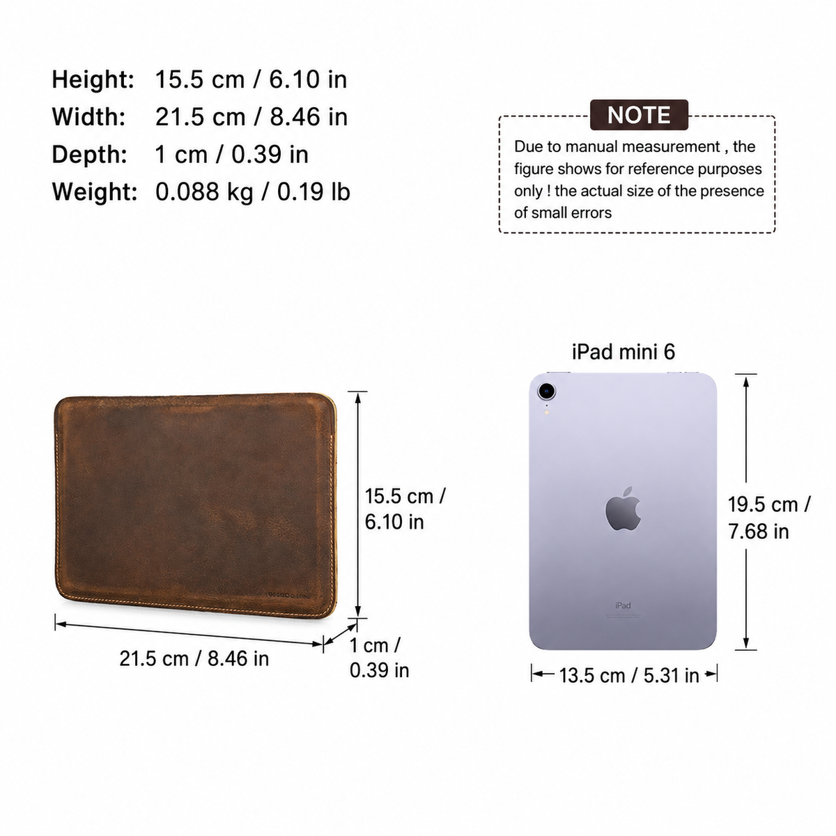 Minimalist full-grain leather iPad mini sleeve, dark brown