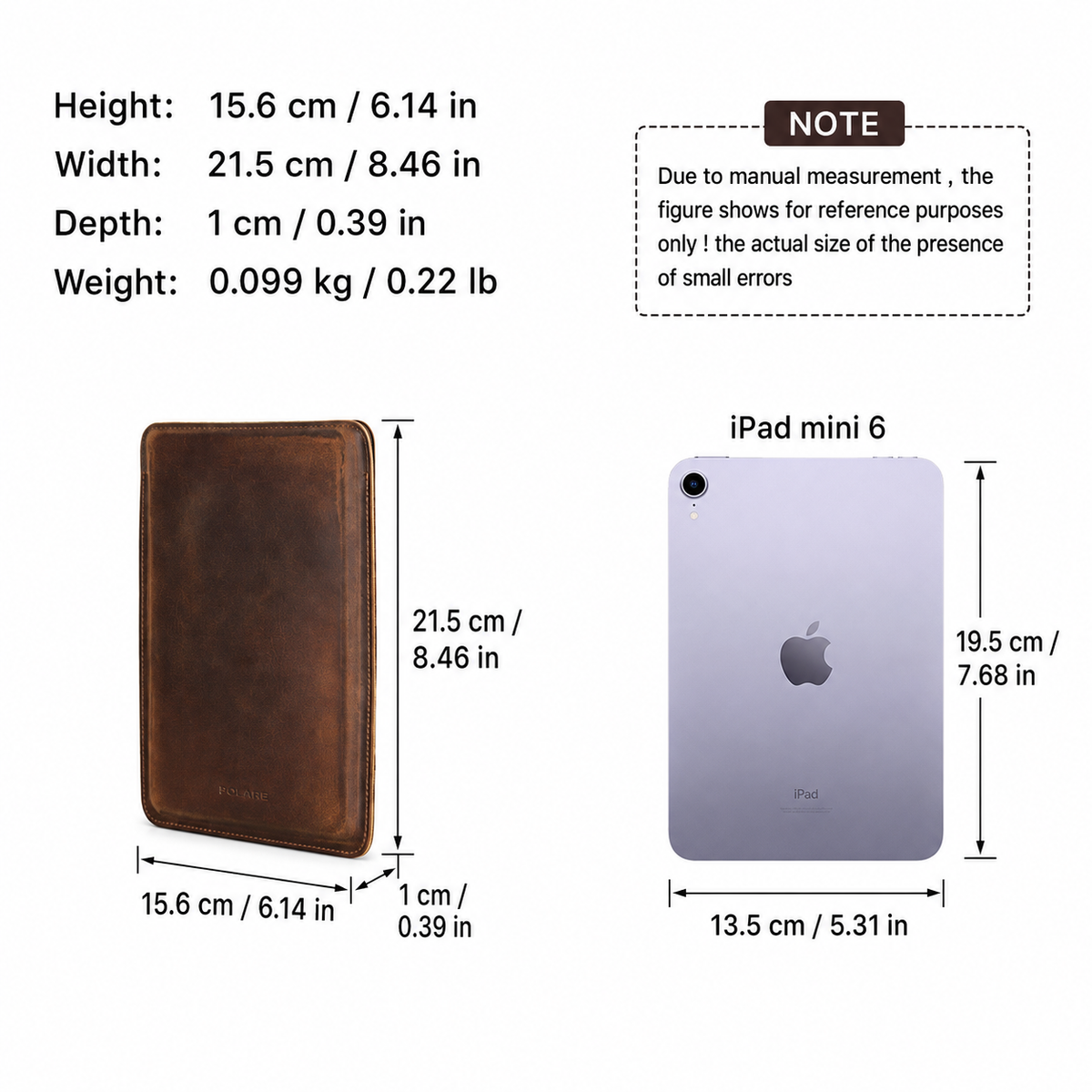 Full-grain leather sleeve for iPad mini, portrait, dark brown