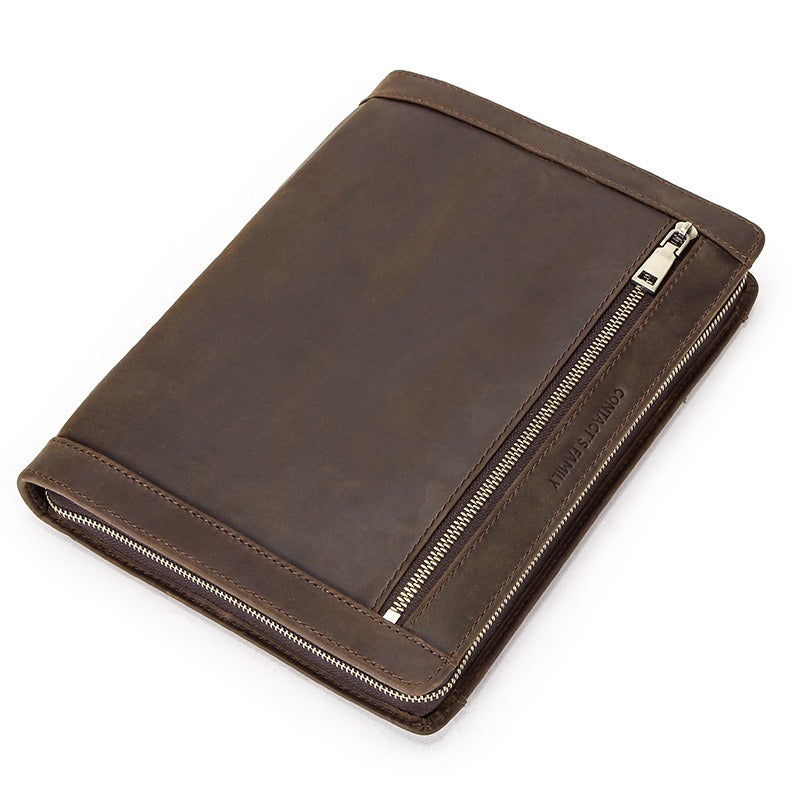 Dark brown leather iPad case, zip-around, full-grain