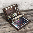 Dark brown full-grain leather iPad portfolio case with zip-around closure