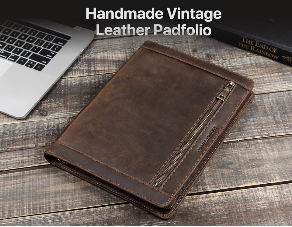 Dark brown leather iPad case with solid brass zipper
