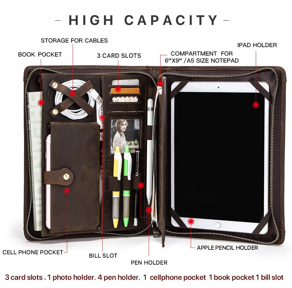 Full-grain leather padfolio with tablet and notepad slots