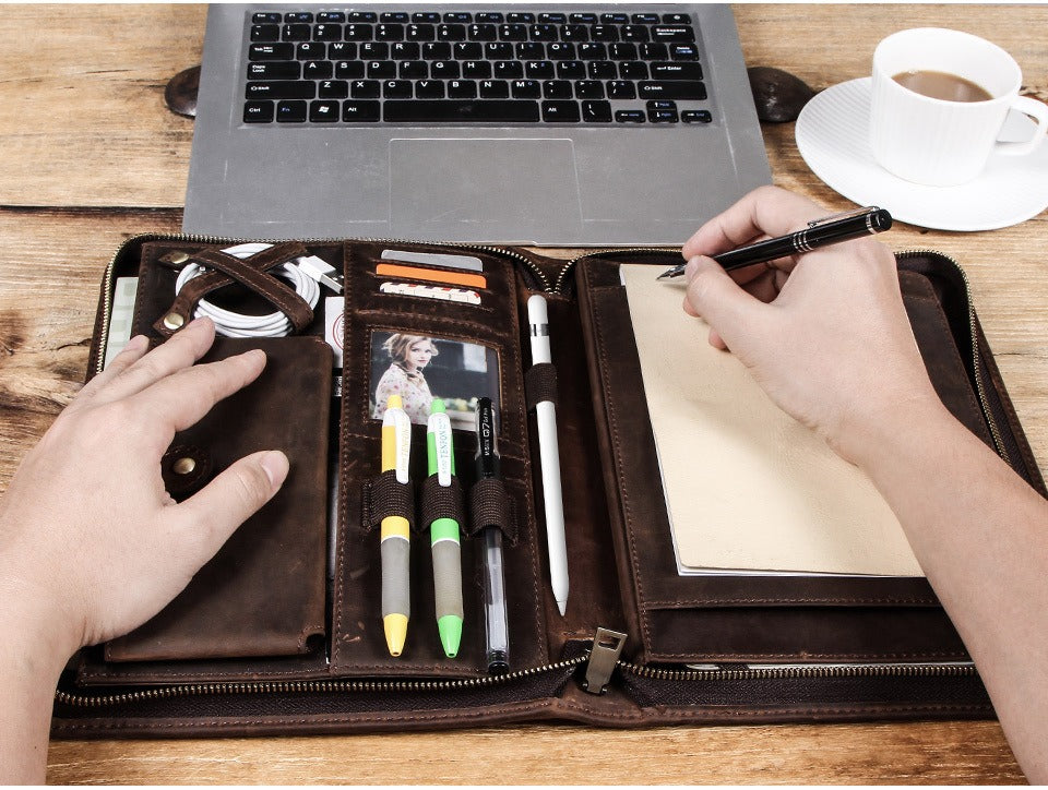 Leather iPad case with pen loops and card organizer