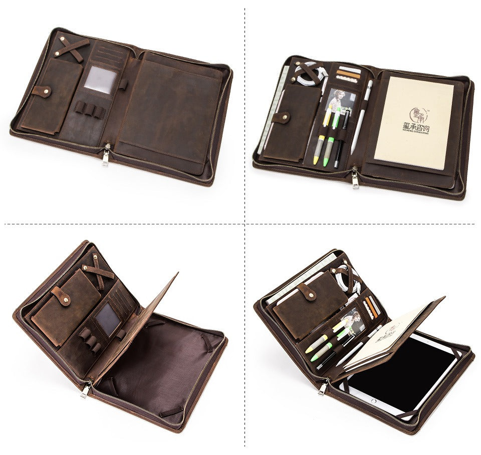 Dark brown leather tablet portfolio with brass hardware