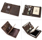 Dark brown leather tablet portfolio with brass hardware