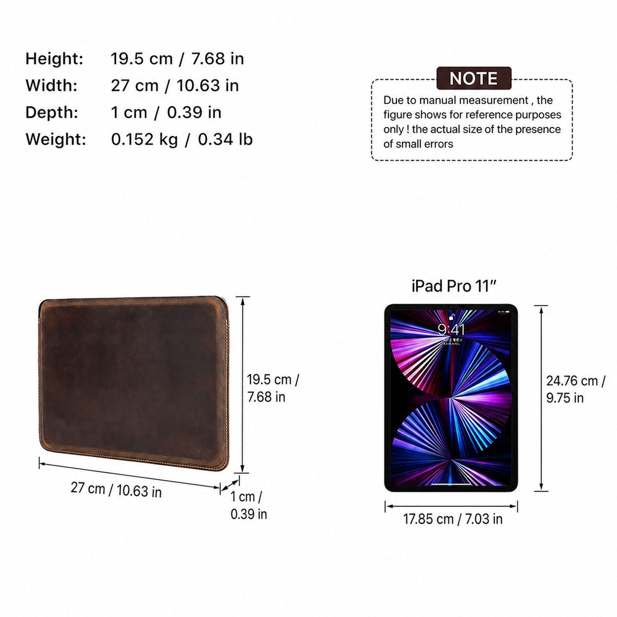 Hand-stitched full-grain leather sleeve for iPad Pro