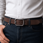 Dark brown full-grain men's leather belt with stainless steel buckle, detail view