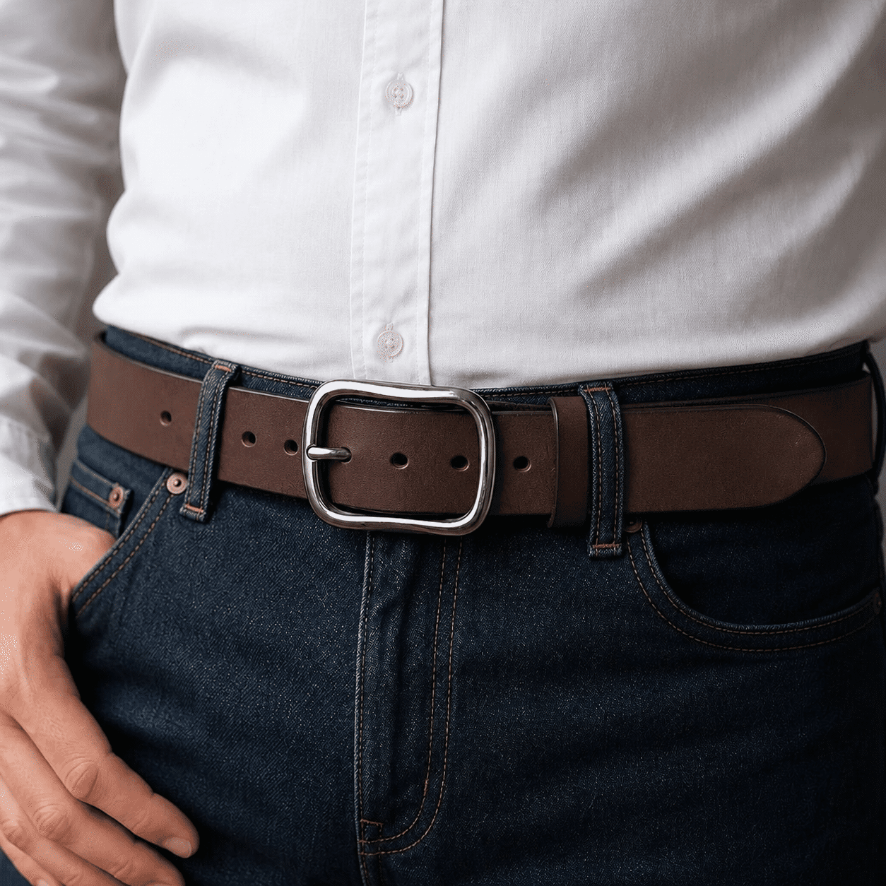 Dark brown full-grain men's leather belt with stainless steel buckle, detail view