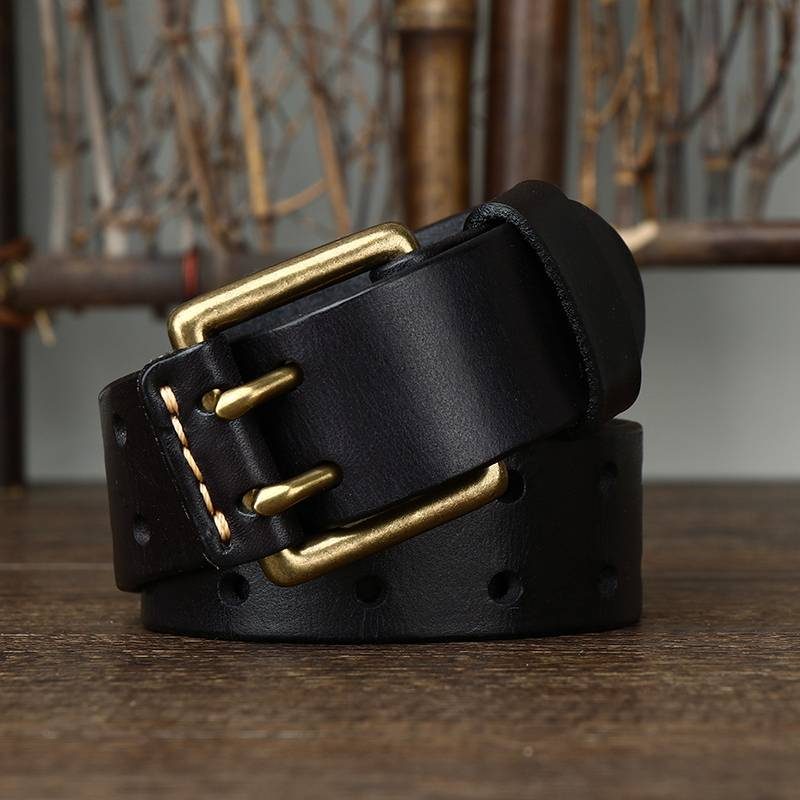 Black men's double prong leather belt — studio shot
