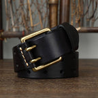 Black men's double prong leather belt — studio shot