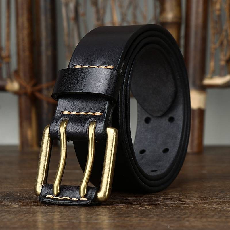 Black men's double prong leather belt — buckle detail