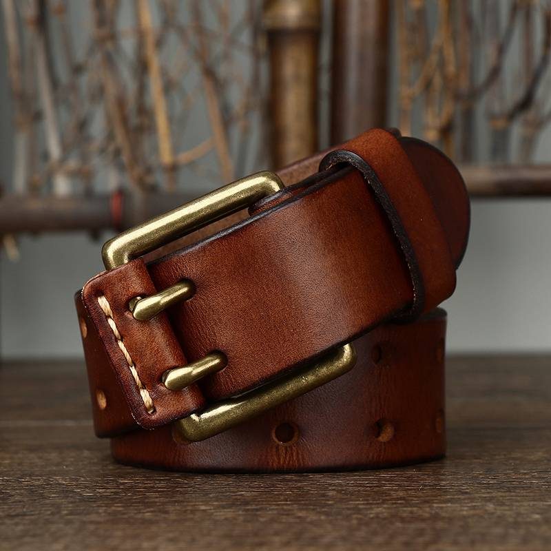 Brown men's double prong leather belt — buckle detail
