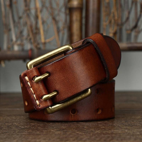 Brown men's double prong leather belt — buckle detail