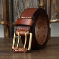 Brown men's double prong leather belt — flat lay